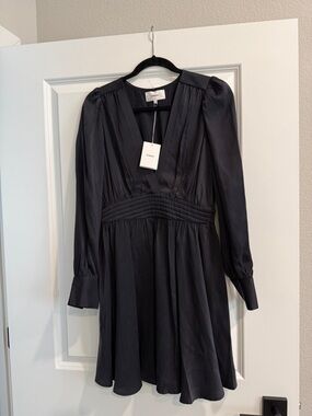 NWT Xirena silk Black Long-Sleeve V-Neck Pleated Waist Dress sz m